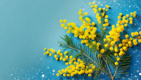 blue banner with mimosa branch for spring holidaysの素材
