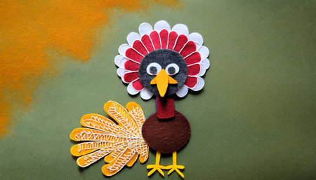 a cute turkey made of felt on a solid background offset so that you can put your text next to it great for menu s presentations potlucks signageの素材
