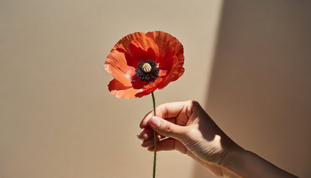 female hand holds delicate red poppy flower stem on neutral tan beige background with hard sunlight shadows aesthetic close up view floral compositionの素材