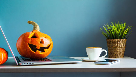 pumpkin for halloween on the desktop in the office computer coffee cupの素材
