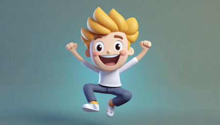 3d icon cute young smiling happy winning man people jumping character illustration cartoon boy minimal styleの素材