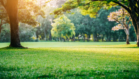 natural grass field background with blurred bokeh and trees in parkの素材