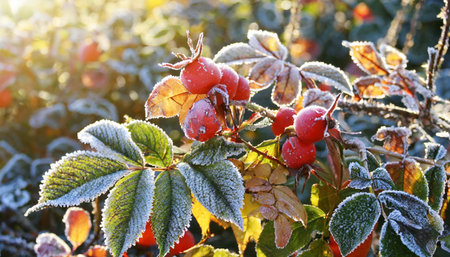 autumn leaves and rose hips in frost crystals on sunny morningの素材