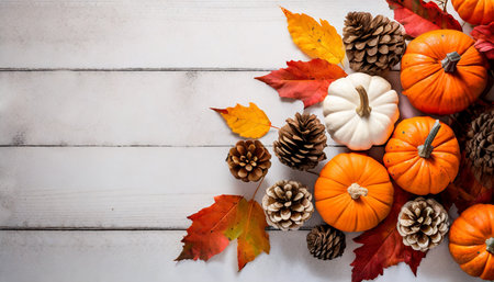 rustic fall background of autumn leaves pine cones and mini pumpkins with free copy space for text over a white rustic background image shot from overheadの素材