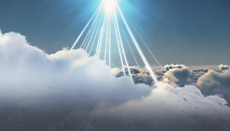 composition of glowing light on grey and blue clouds backgroundの素材