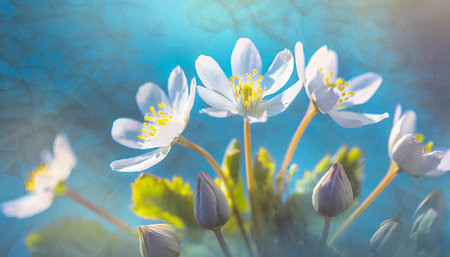 spring forest white flowers primroses on a beautiful gentle light blue background macro floral desktop wallpaper a postcard romantic soft gentle artistic image free space for textの素材