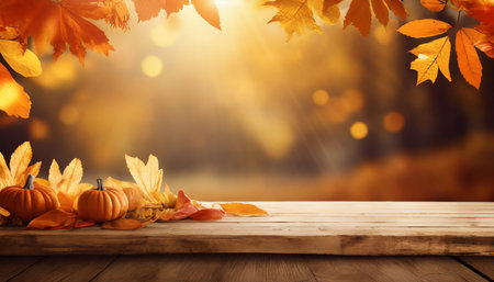 a wood table product display with copyspace and a golden brown autumn background of leaves for thanksgiving and other seasonal messagesの素材