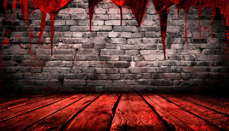 bloody background scary on damaged grungy crack and broken concrete bricks wall and floor concept of horror and halloweenの素材