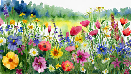 multicolored wildflowers watercolor field drawing summer generative aiの素材