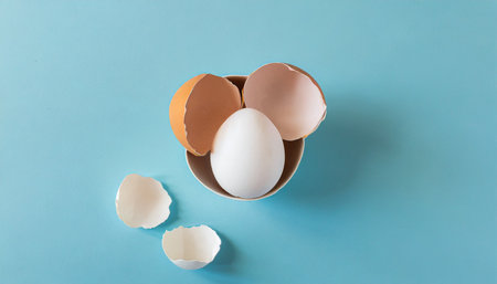 empty eggshell with creative copy space on pastel blue background minimal easter holiday conceptの素材