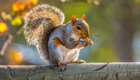 eastern grey squirrel eat nut hold nut backgroundの素材