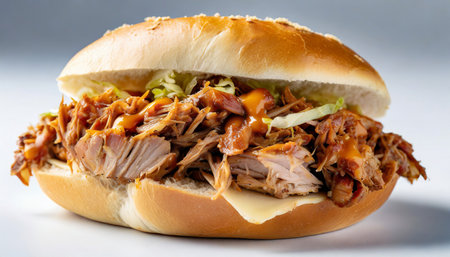 pulled pork sandwich on plain white background product photographyの素材