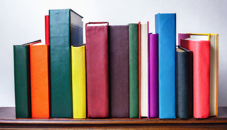 books a lot of books with bright covers in one pile on white background place for text design element paper and leather texture colorful books on the shelf close upの素材