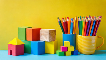 colorful wooden blocks and cup with colorful pencils on a yellow backgroundの素材