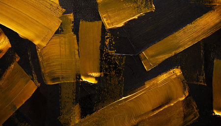 closeup of abstract rough dark gold black art painting texture with oil acrylic brushstroke pallet knife paint on canvas geometric spatula technique with rectangles generative aiの素材