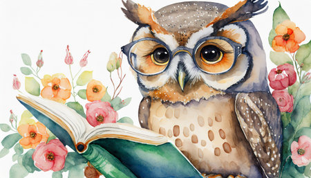 watercolor cute owl with glasses reading book generative aiの素材