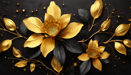 beautiful golden flowers with black leaves on a dark black background creative mystery concept elegant love and passion floral idea 3d illustrationの素材