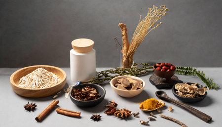 traditional chinese medicine with herb and spices in light a grey background for medicine advertising photography traditional medicine contentの素材