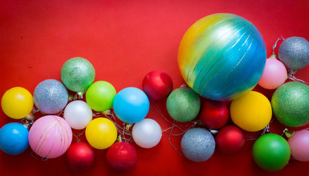 colorful balls with red backgroundの素材