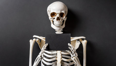skeleton holding black empty card on black background mockup for halloween cardの素材