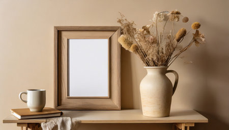 empty wooden picture frame mockup hanging on beige wall background boho shaped vase dry flowers on table cup of coffee working space home office art poster display modern interior flowerの素材