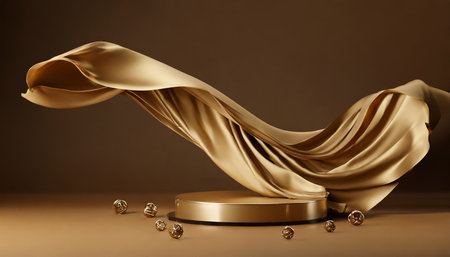 3d display podium brown background luxury flying cloth in motion glamour minimal gold pedestal for beauty cosmetic product presentation feminine copy space dark brown template studio 3d renderの素材