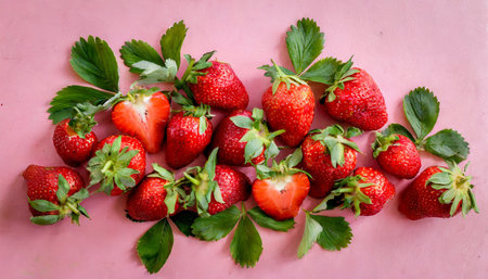 juicy ripe strawberries on pink background top view strawberry frame copy text top viewの素材