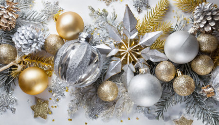 silver and gold christmas decorations on a white background generative aiの素材