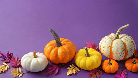 colorful pumpkins on purple background with copy space halloween conceptの素材