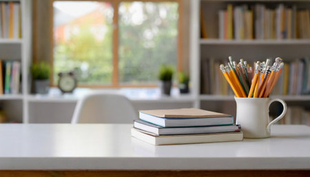 white table with books stationery and copy space in blurred study roomの素材