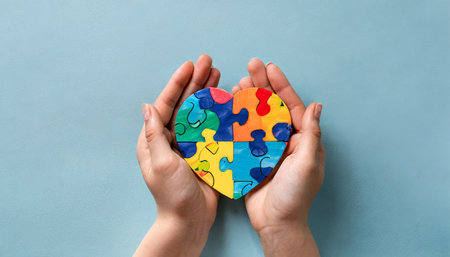 world autism awareness day concept adult and child hands holding puzzle heart on light blue backgroundの素材
