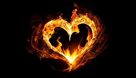 bright flame heart symbol on the black backgroundの素材