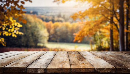 wooden table top with blur background of autumnの素材