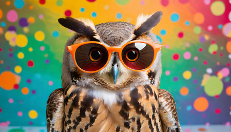 funny owl wearing sunglasses in studio with a colorful and bright background generative aiの素材