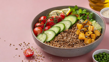 vegan buddha or poke bowl salad with buckwheat vegetables and seeds on pink backgroundの素材