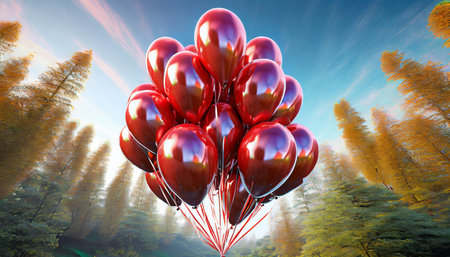 colorful red balloon bunch shiny birthday party decoration sparkling helium balloons glossy happy holiday anniversary celebration fun symbol 3d illustrationの素材