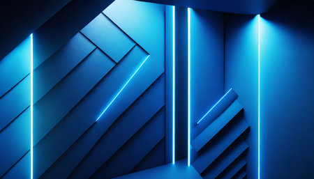 3d render abstract blue background with glowing neon light dark wall illuminated with led lamp minimal futuristic wallpaperの素材