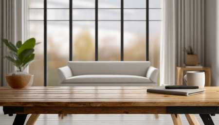 mockup space on a wooden tabletop against a barred minimal white living room as a backgroundの素材
