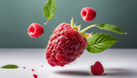 levitating raspberry on a white backgroundの素材