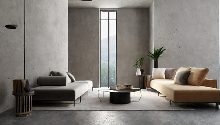 modern interior design of living room with empty concrete wall background 3d rendering 3d illustrationの素材