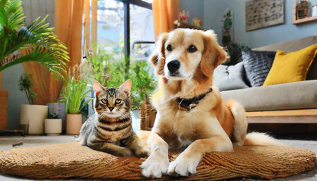photograph of an adorable dog and cat sitting living room backgroundの素材