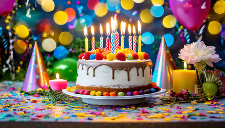 birthday cake with candles birthday party colourful backgroundの素材