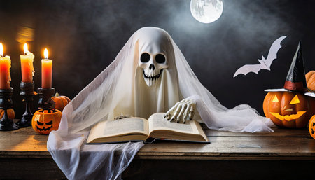 ghost reading a book on halloween nightの素材
