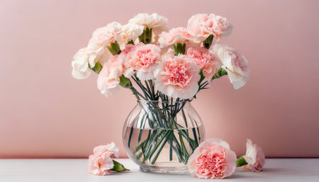 tender carnation flowers in a glass vase on pastel pink backgroundの素材