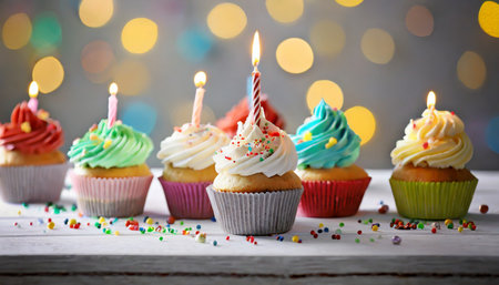 delicious birthday cupcakes on table on light backgroundの素材