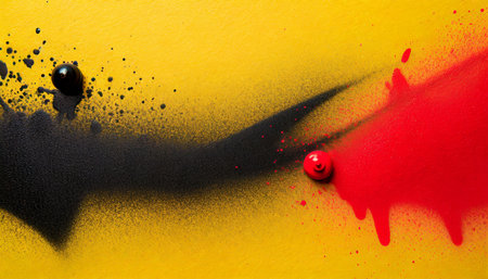 black and red spray paint on a yellow colored paper backgroundの素材