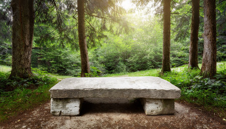 old wood and stone bench mockup forest background platformの素材