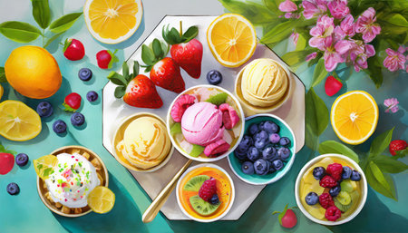 delicious summer indulgence tempting flatlay of fruit infused dessert with mouthwatering ice cream delights generative ai digital illustrationの素材