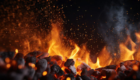 fire embers particles with flame over black background from generative aiの素材