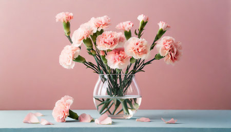 tender carnation flowers in a glass vase on pastel pink backgroundの素材